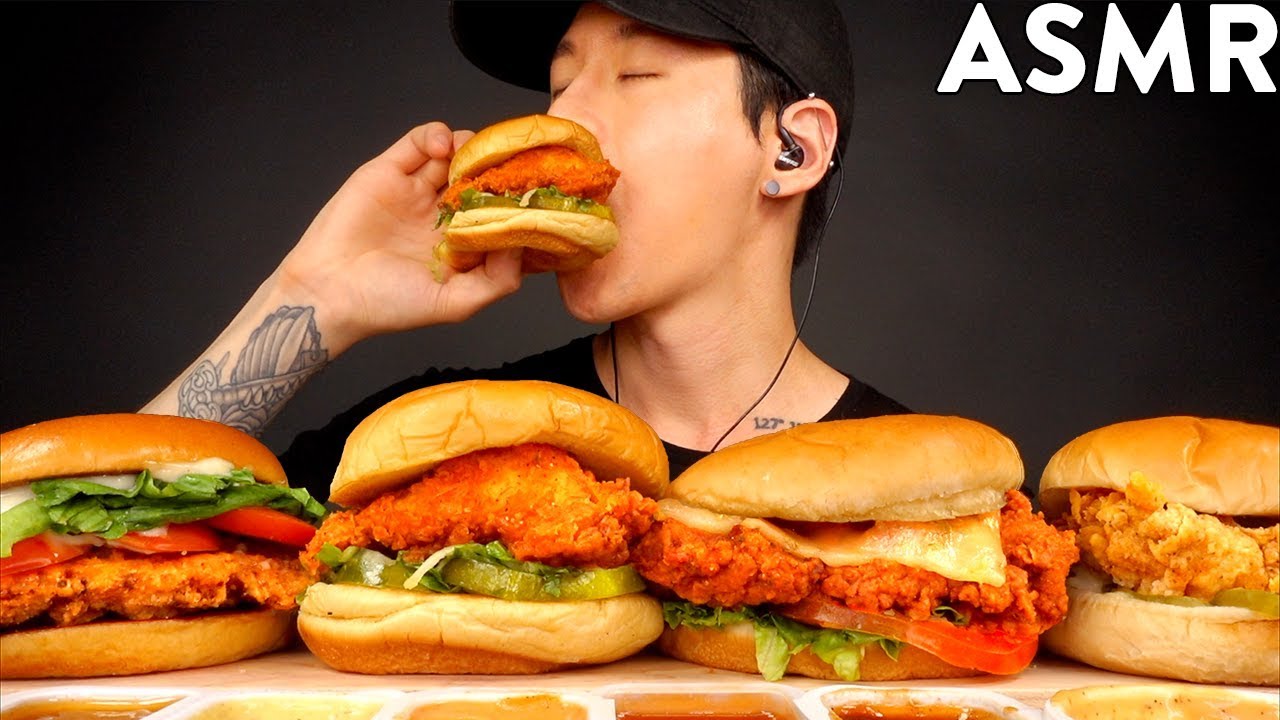 ASMR MOST POPULAR FOOD - FRIED CHICKEN SANDWICHES (KFC, Chick-fil-A, McDonalds, Shake Shack) MUKBANG