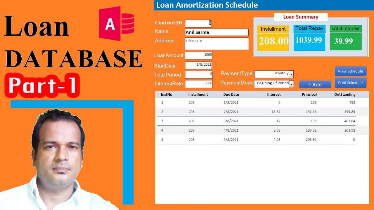 Loan management database -loan amortization schedule in access P1