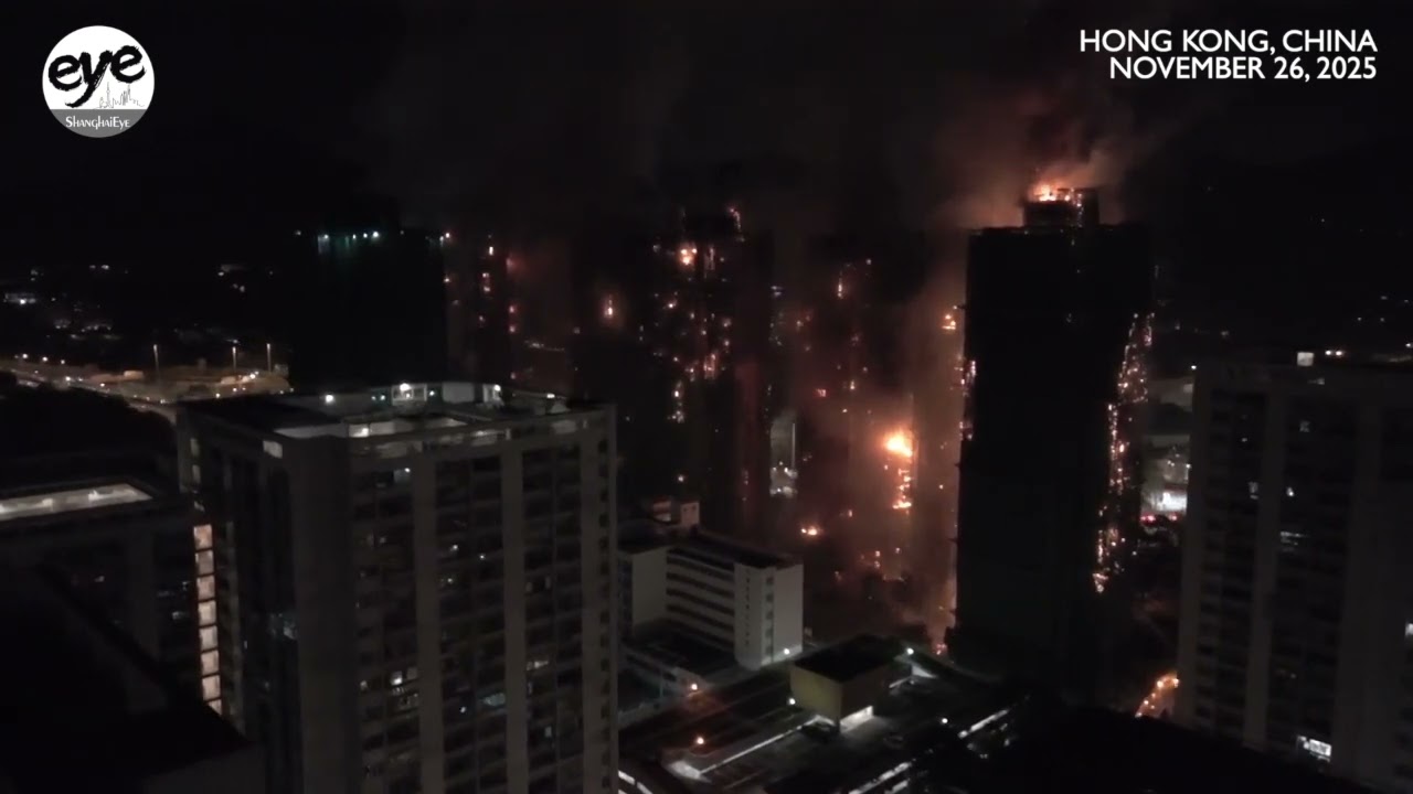 Sweeping drone shots as deadly fire rips through multiple Tai Po apartment blocks in Hongkong