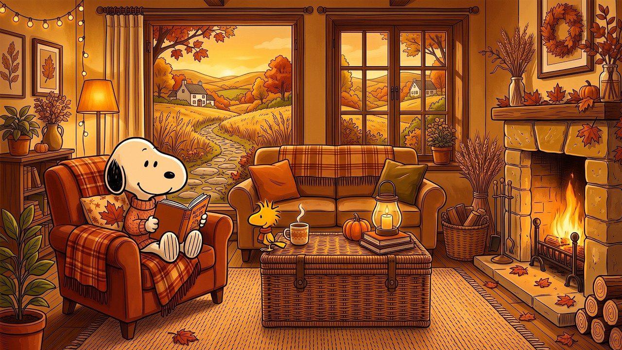Cozy Autumn Jazz with Snoopy 🍂 Countryside Fireplace Ambience for Reading, Study & Relaxation