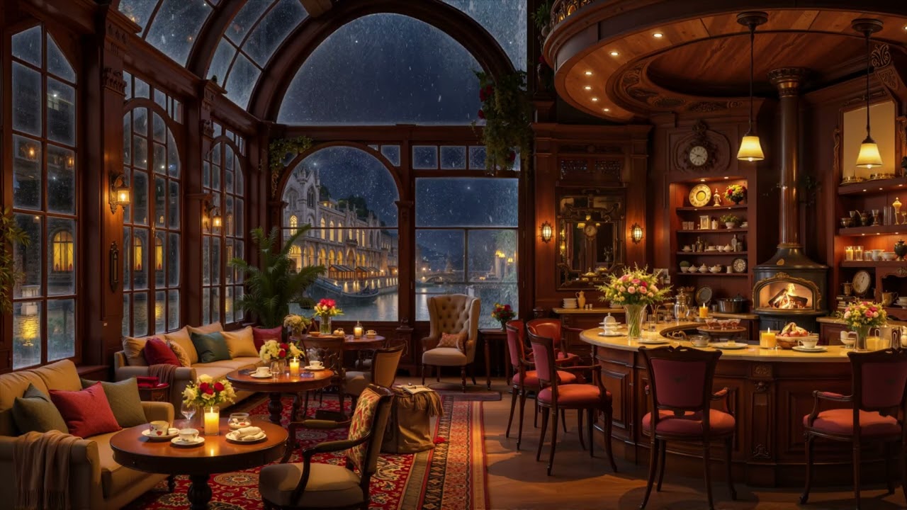Beautiful Winter Coffee Shop ❄️ Relaxing Jazz Piano & Fireplace Ambience for Study, Work & Focus