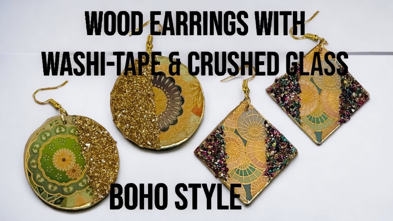DIY Wood earrings, washi-tape, crushed glass, ink, glitter & resin, decoupage, Easy Boho mixed media