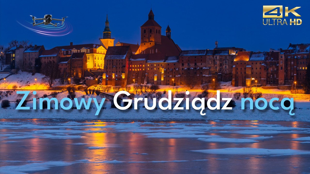 Zimowy Grudziądz nocą ❄️ Światła miasta nad zamazniętą Wisłą z drona | Blue Hour 4K