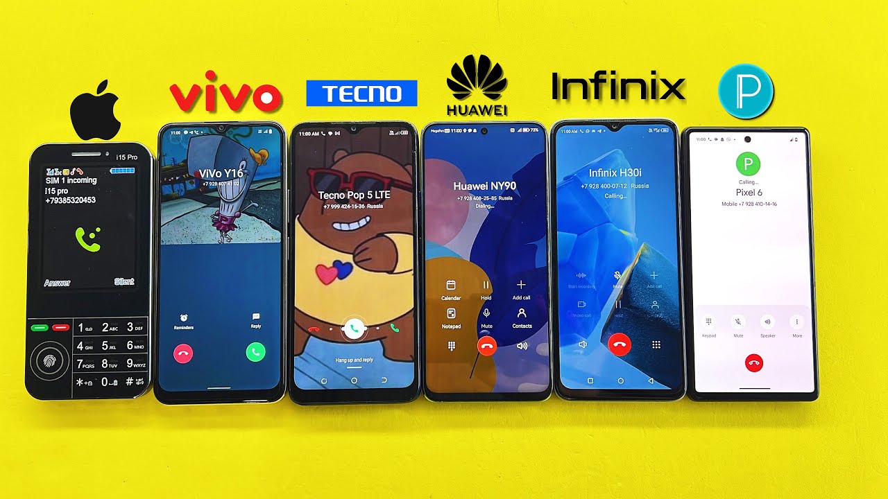 Six Phones Are Ringing Each Other / i15 Pro, Vivo Y16, Tecno 5, HUAWEI Y90, Pixel 6, Infinix H30i