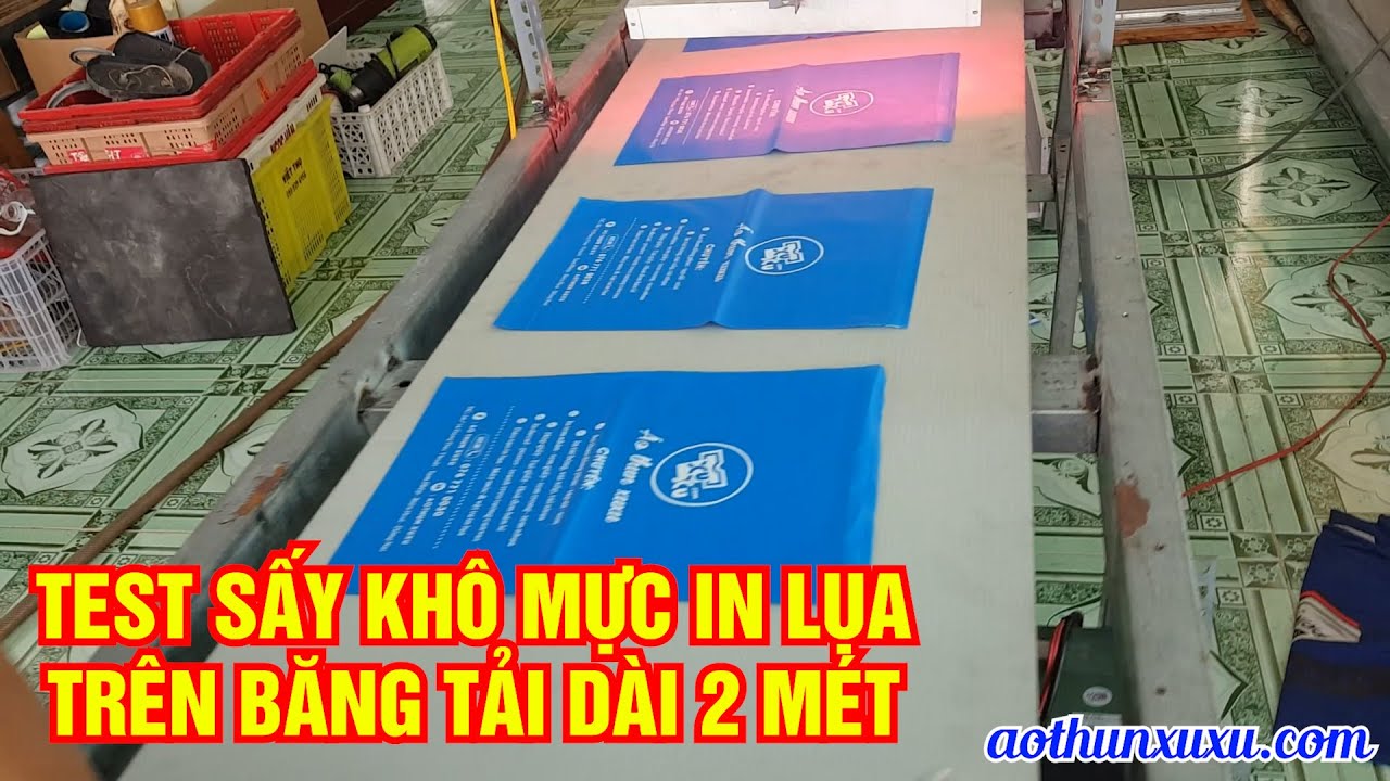 Test sấy khô mực in lụa thực tế trên băng tải dài 2 mét dành cho túi bóng, túi nylon