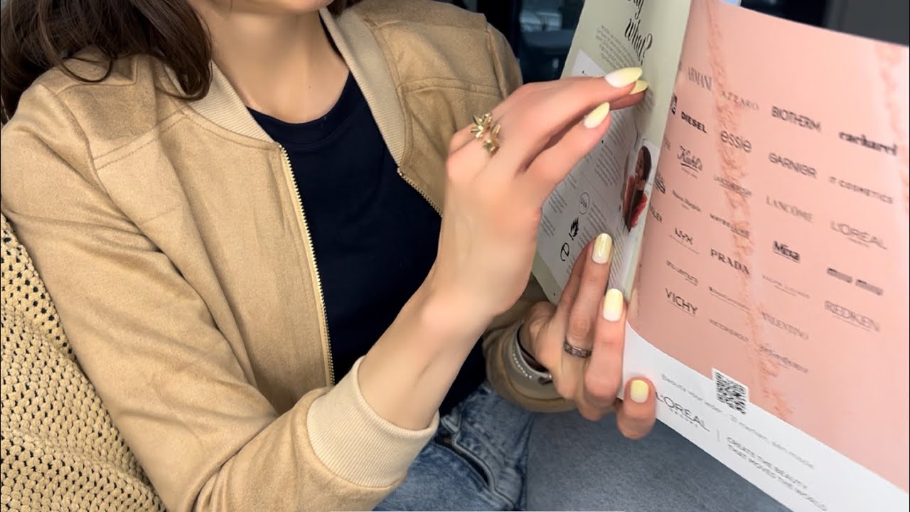 ASMR page turning glossy beauty magazine, close up and sharing thoughts