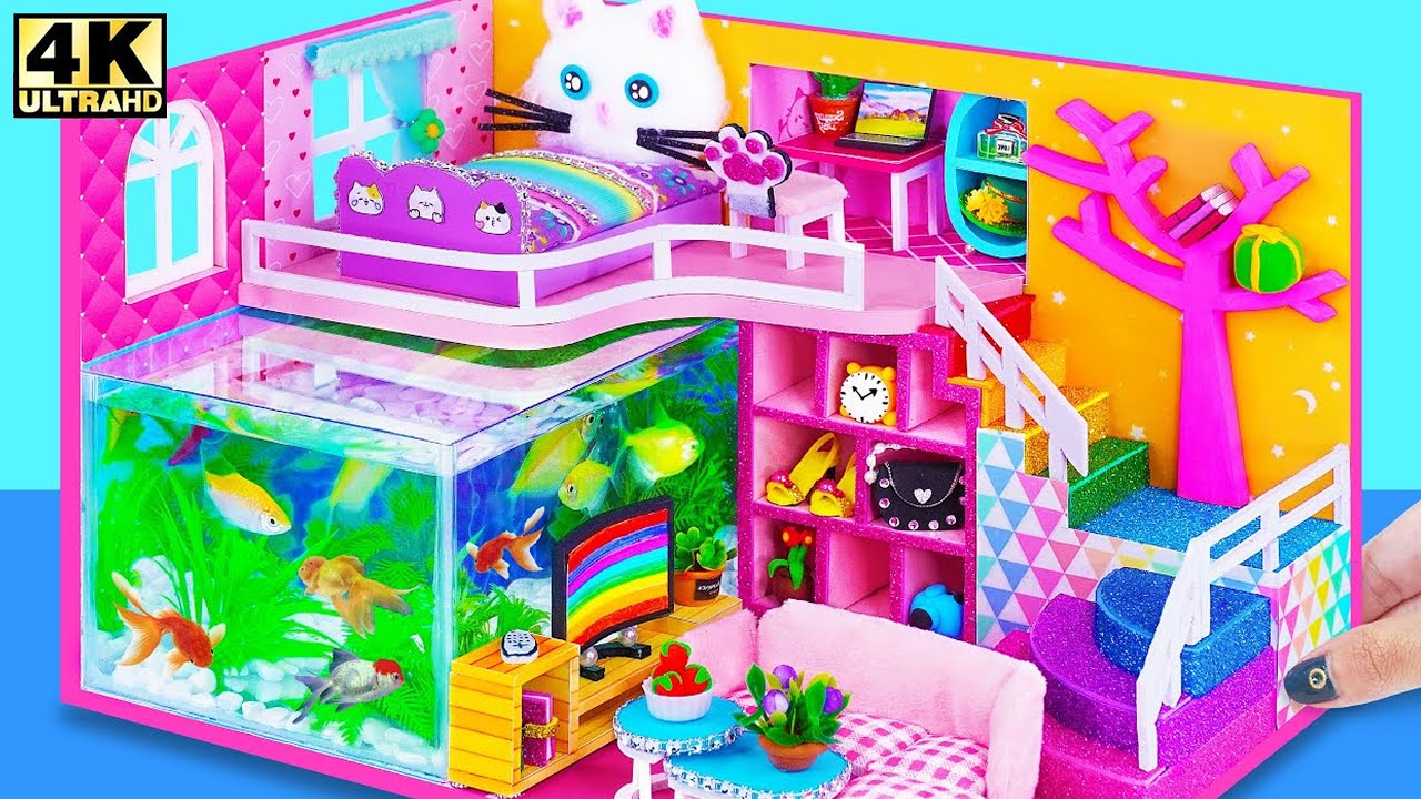 Build Kitten Cat Simple Pink Miniature House with  Amazing Aquarium Fish ❤️ DIY Miniature House