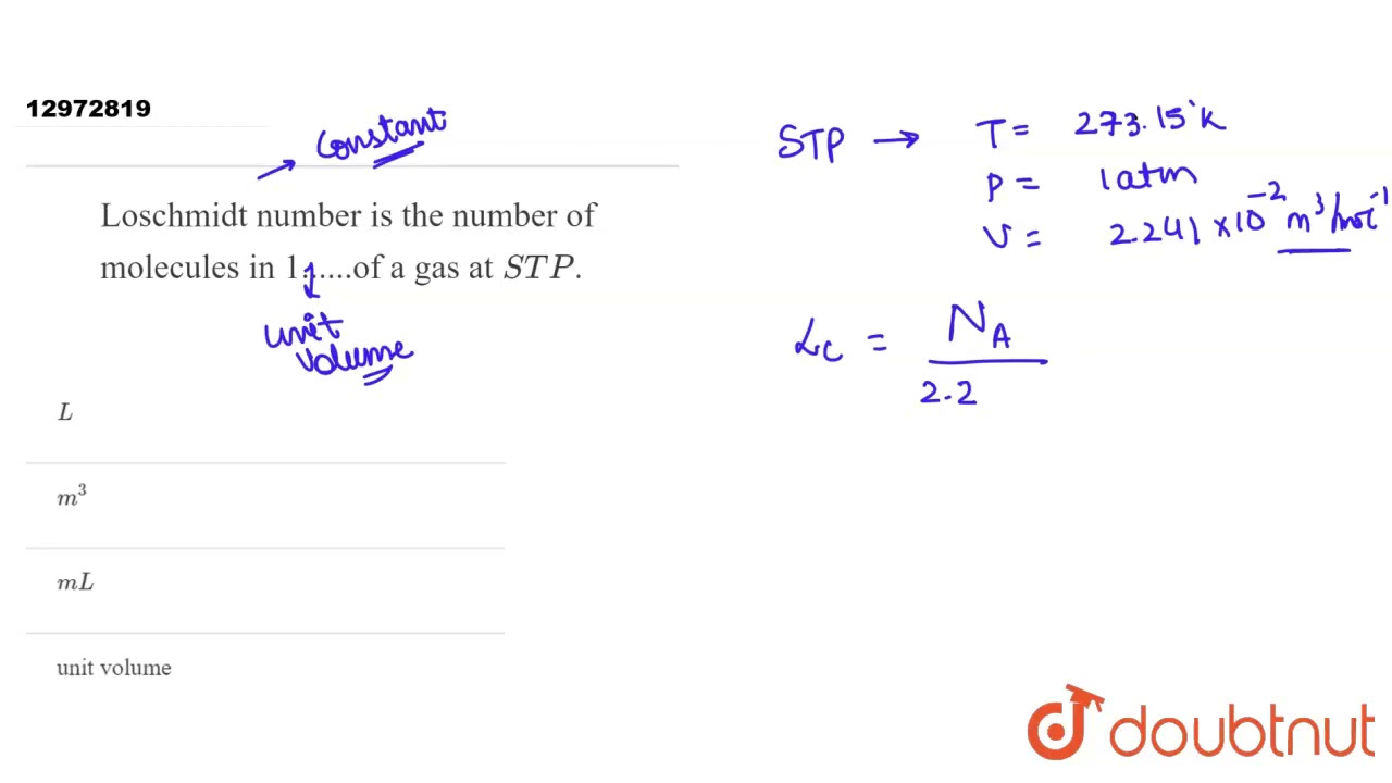 Loschmidt numberis the numberof molecules in 1......of a gas at STP. | 11 | SOME BASIC CONCEPTS ...