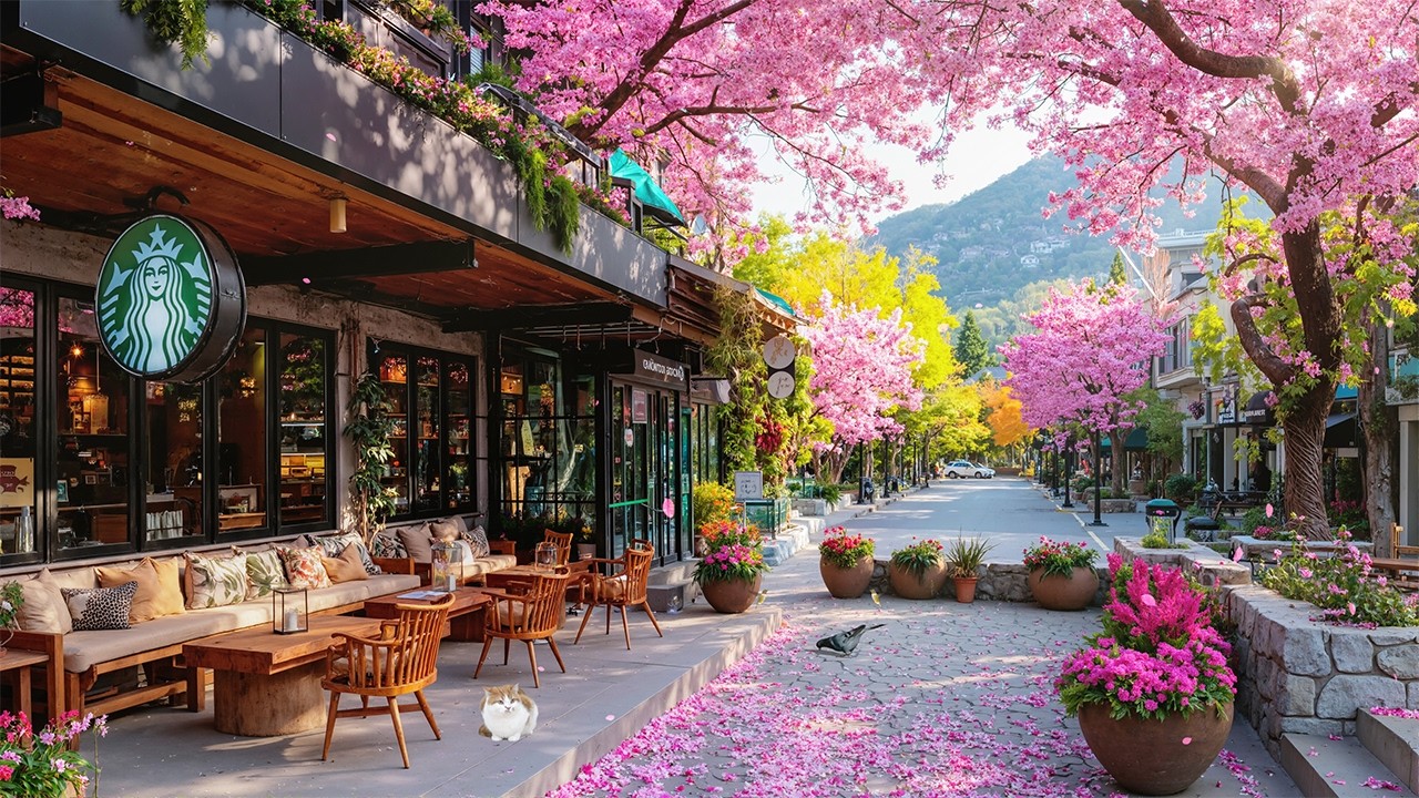 桜舞う春のスターバックスジャズ - 花咲くカフェ通りに響く癒しのジャズBGM🌷やわらかな陽だまりの中で、静かに心が満たされていく時間 - beautiful starbucks coffee shop