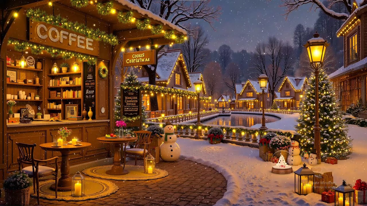 Serene Winter Coffee Shop Vibes 🎶 Relaxing Winter Jazz Music & Snow Falling for Ultimate Relaxation