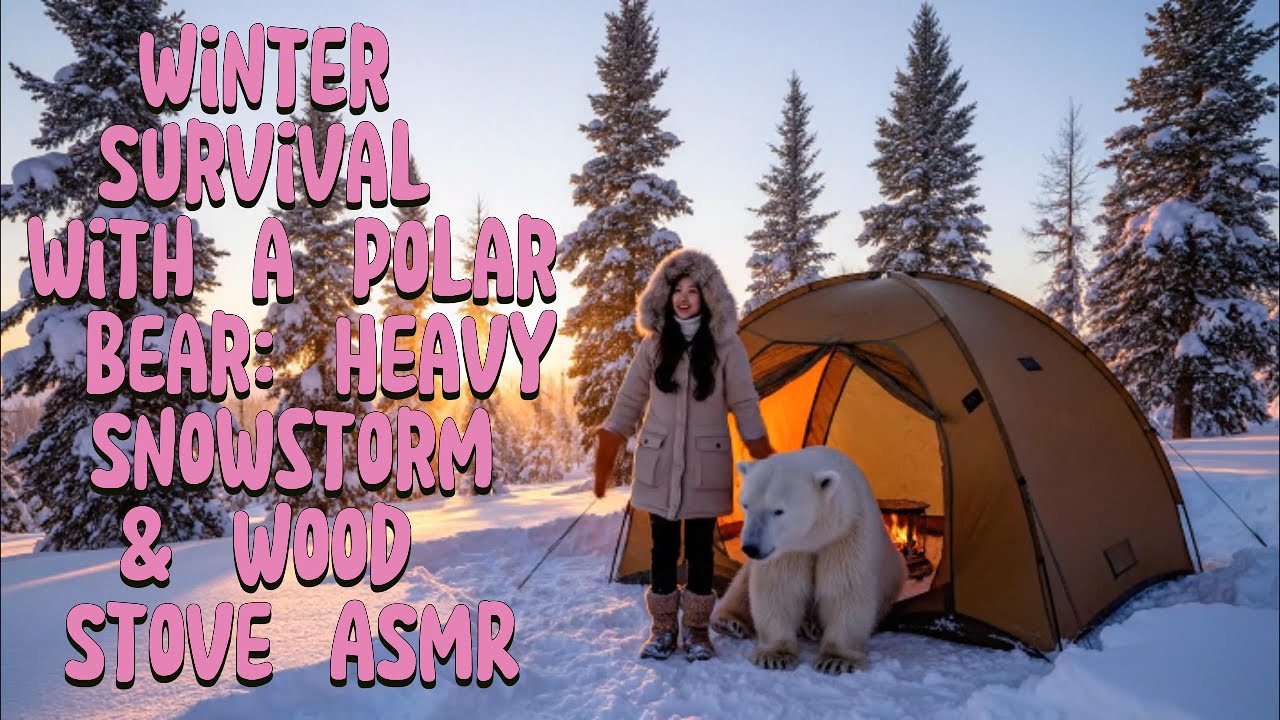 Winter Survival with a Polar Bear Heavy Snowstorm ❄️ Wood Stove Crackling + Snowstorm ASMR for Sleep