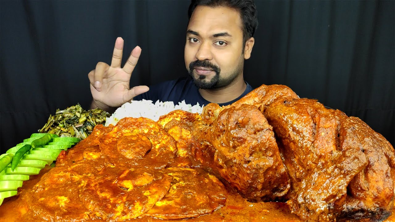SPICY WHOLE CHICKEN CURRY, EGG OMELETTE CURRY, GRAVY, SPINACH, RICE MUKBANG EATING SHOW | BIG BITES