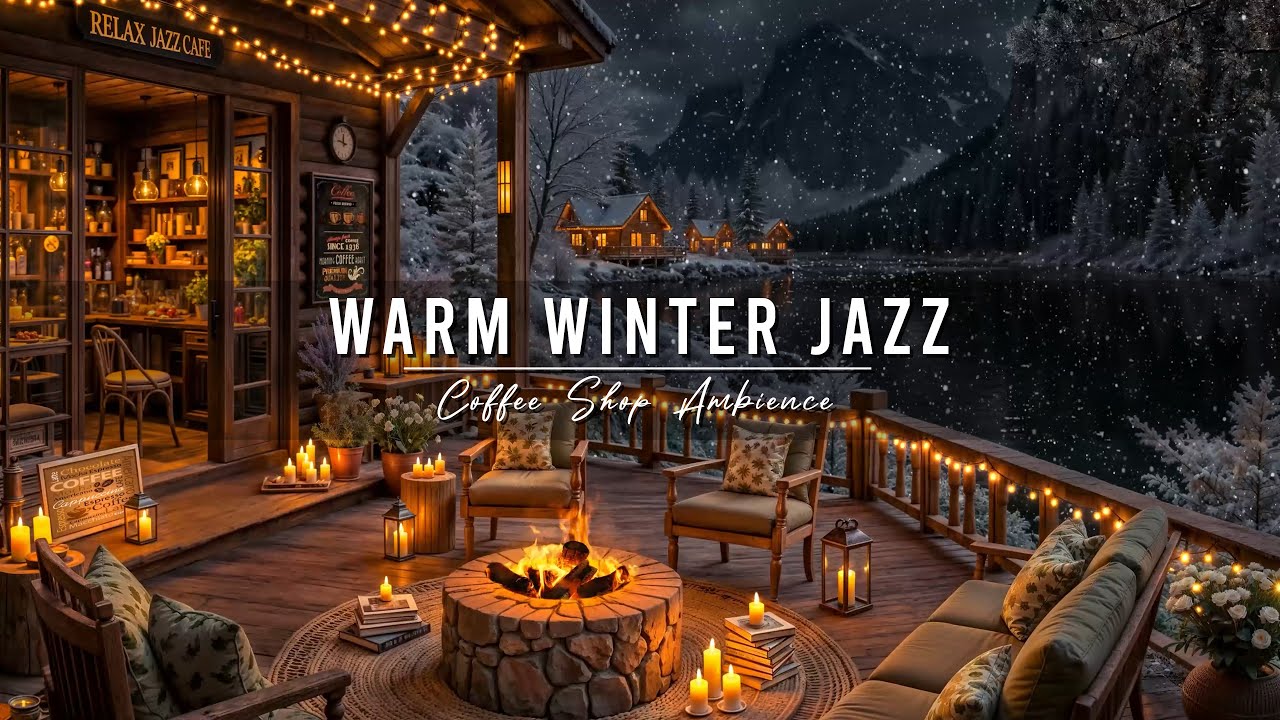 Smooth Jazz Instrumental Music & Fireplace Sounds ⛄Warm Winter Jazz Music at Lakeside Porch Ambience
