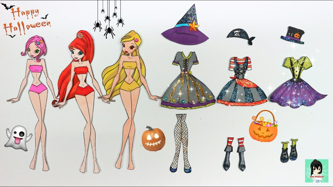 How to make Glitter Halloween Costumes for Paper Dolls - WINX CLUB Handmade Activities for girls