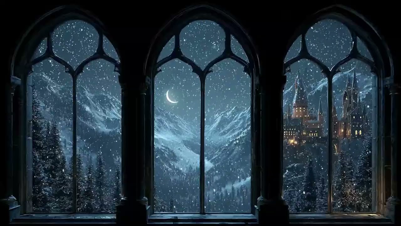 Snowy Winter Night Through a Castle Window 4K ❄️ Moonlight & Soft Wind for Sleep