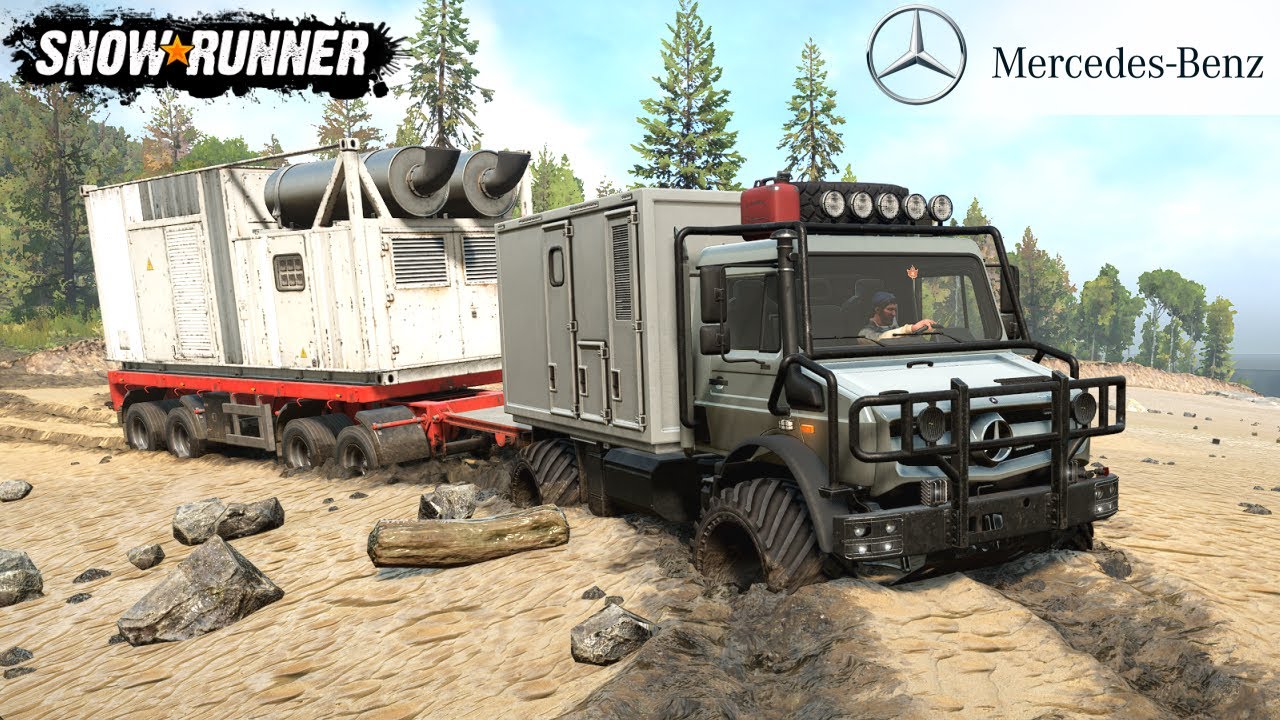 SnowRunner - MERCEDES UNIMOG U 4023 Truck Pulls A Trailer Offroad