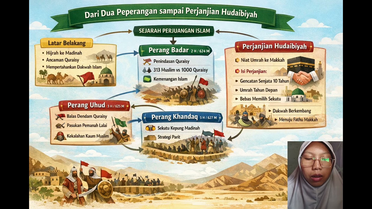 Menjelaskan mind map dari materi dua peperangan sampai perjanjian hudaibiyah