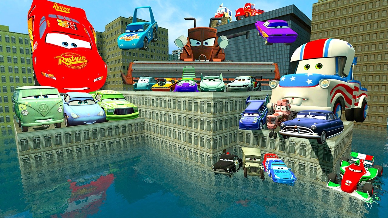 ALL LIGHTNING MCQUEEN AND OTHER CARS TEAM RAGDOLL CHALLENGE UNDERWATER BIG CITY in Garry's Mod
