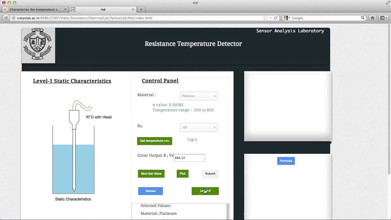 Characterize the temperature sensor (RTD)-COEP VLABS