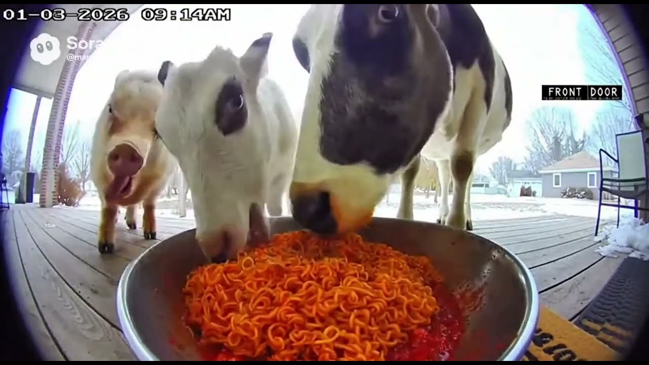 Animals react to SPICY noodles… caught on Ring camera