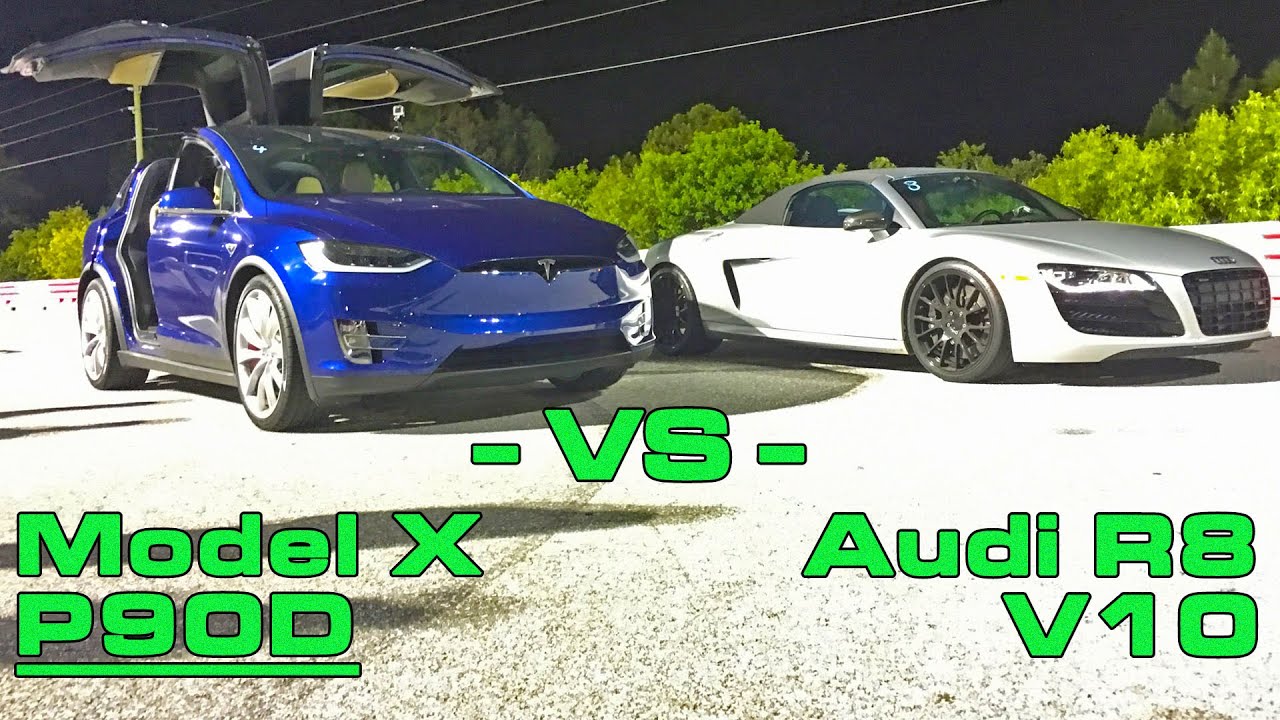 Tesla Model X P90D Ludicrous vs Audi R8 V10 Spyder 1/4 Mile Drag Racing