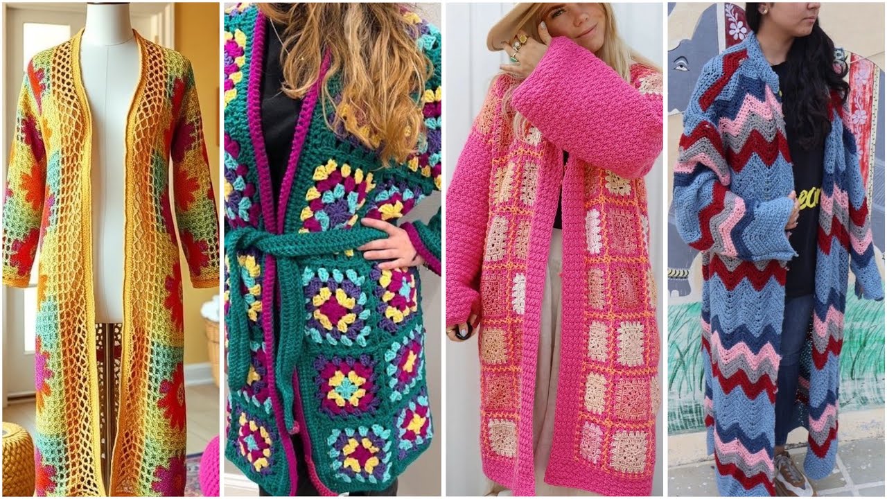 Crochet woollen pattern long cardigan designs for winters  #crochetcardigans