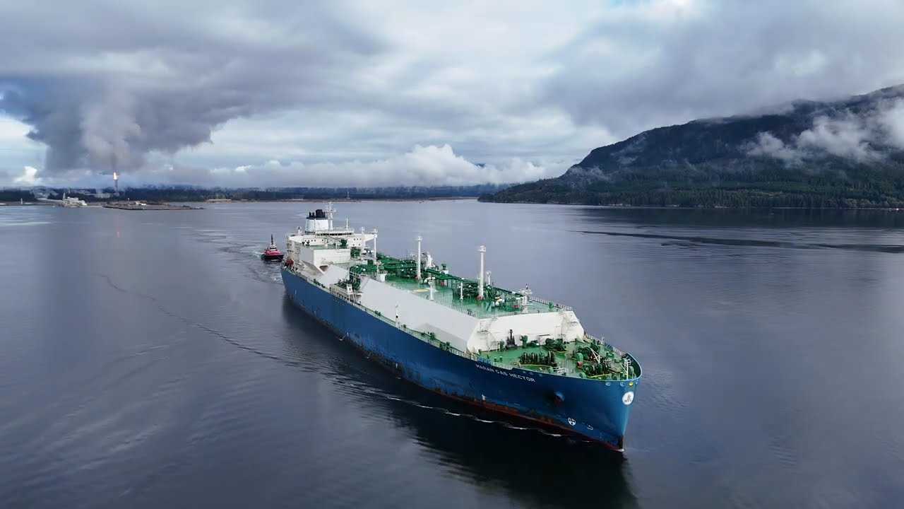 Drone bidding farewell to LNG Cargo Ship Maran Gas Hector leaving Kitimat British Columbia #lng