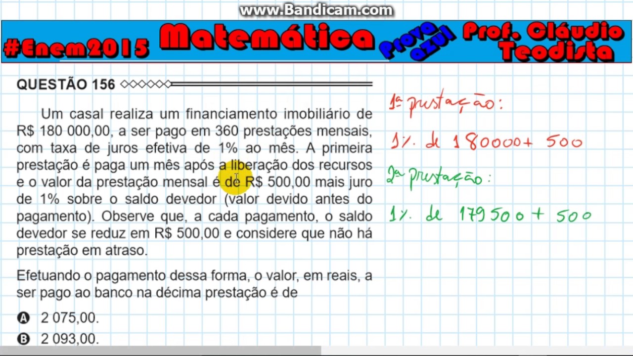 Enem 2015  - matemática  - azul - questão 156 (saldo devedor)