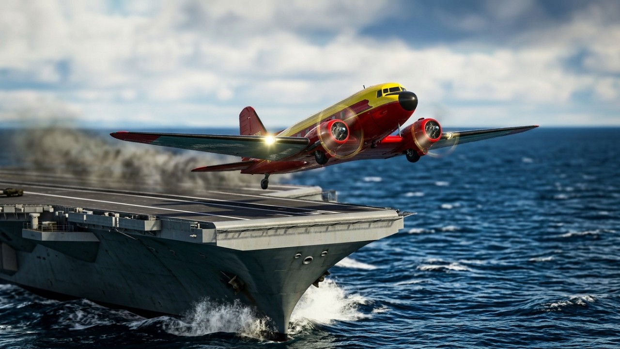 This Douglas DC-3 Red Yellow Takeoff from From Aircraft Carrier is Crazy!