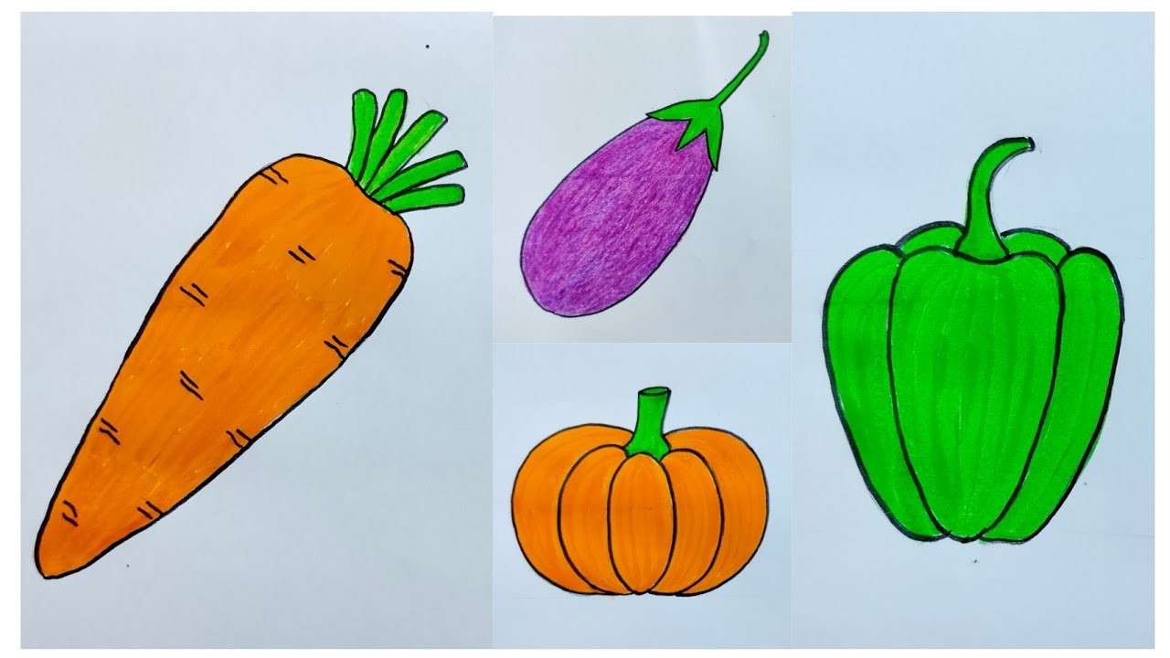 Vegetables Drawing Easy| How to Draw Vegetables Easy Methods| Draw Carrot/ Brinjal/ Pumpkin/Capsicum