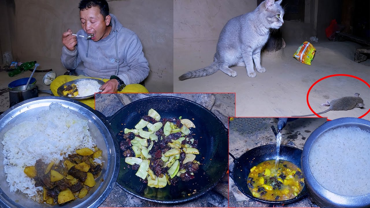  bhumi cooks buff beans leaf mix curry and rice || Nepali village kitchen || @bhumicooking