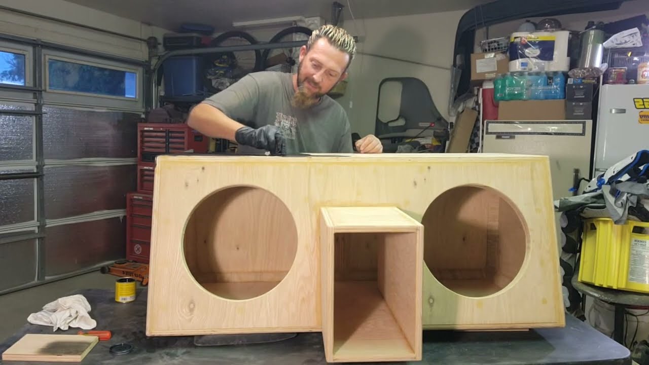 The Bad A$$ Subwoofer Box is getting it's Stain 🫟 On #blackwoodstain #caraudio #woodwork
