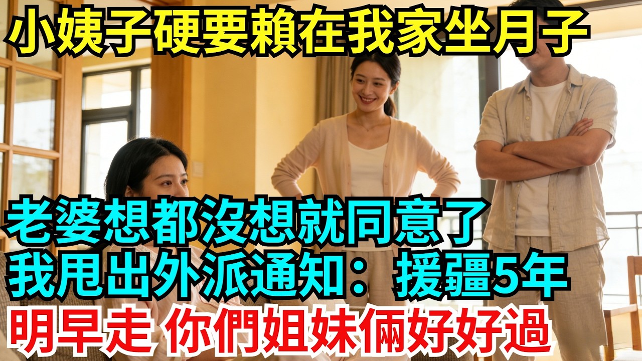 小姨子硬要賴在我家坐月子，老婆想都沒想就同意了，小姨子連夜搬來我家，我甩出外派通知：援疆5年，明早走，你們姐妹倆好好過#完結故事#情感故事#爽文#婆媳關系#女頻小說#爽文#故事頻道#故事分享