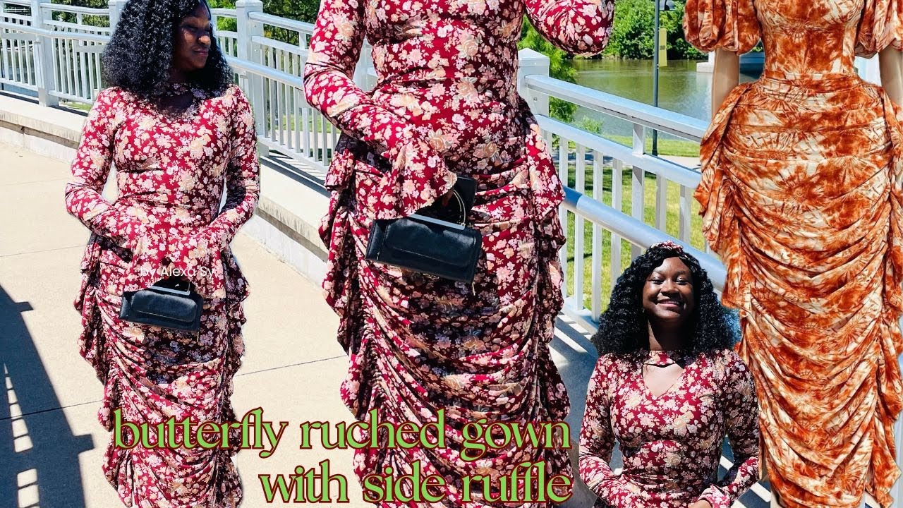 Easiest Way to Cut and Sew A Butterfly Rushed Gown With Side Ruffles and  Heart Chest Design.