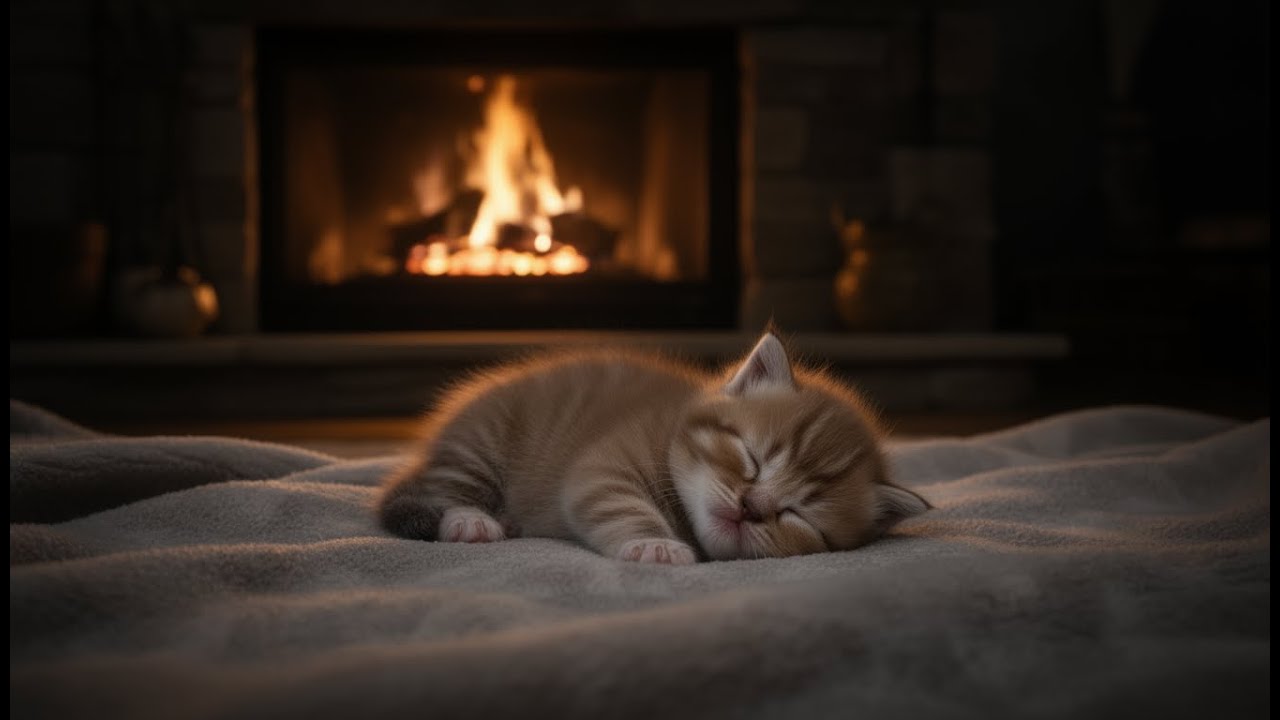 Tiny Baby Kitten Sleeping by the Fireplace Glow 🔥🐱 | Cozy Sleep ASMR