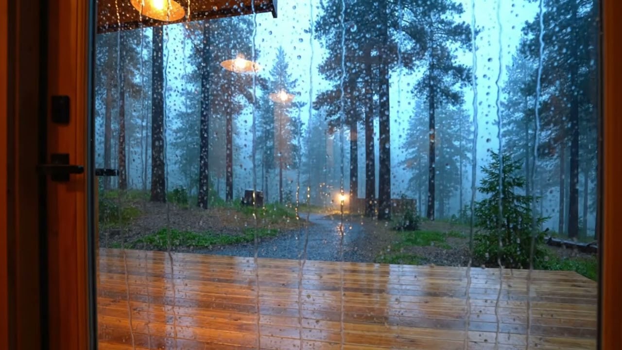 Heavy Rain  Cabin Window in a Quiet Pine Forest  Cozy Night Ambience for Deep Sleep and Relaxation
