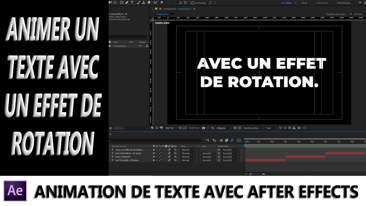 Animer un texte avec un effet de rotation dans After Effects.