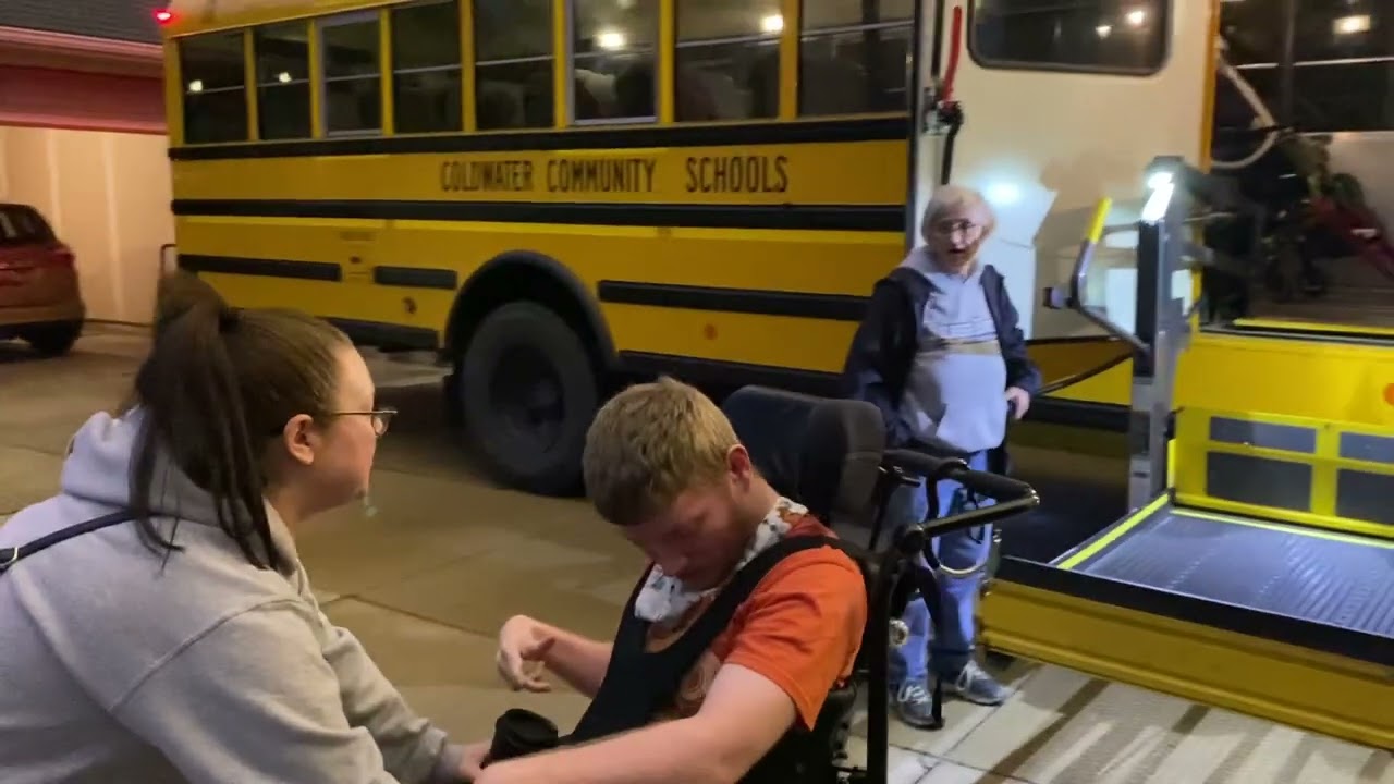 Sam getting on the school bus to Waldron for another day of school 10.31.24, Happy Halloween.