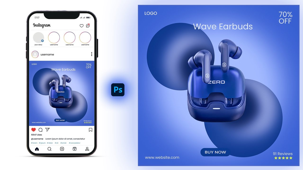 Wireless Earbuds Social Media Post Design | Photoshop Tutorial