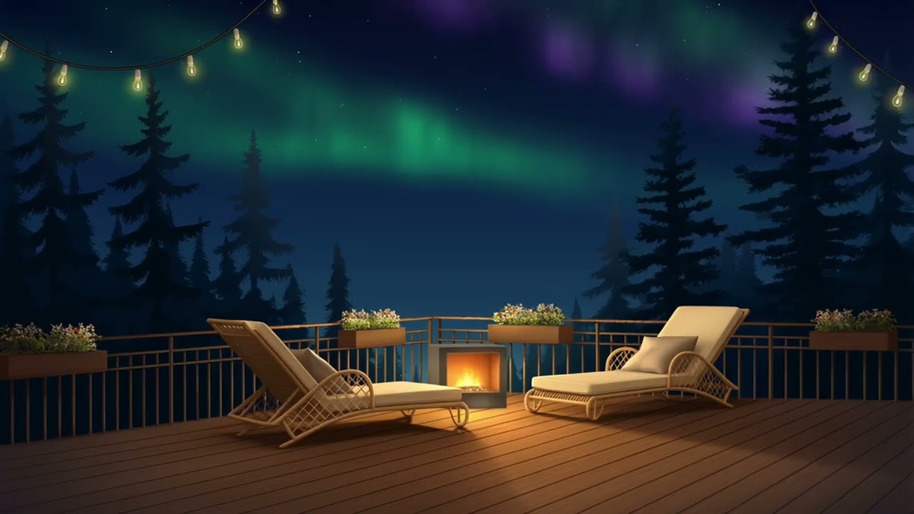 Cozy Deck Fire Pit Under Northern Lights | Relaxing Night Ambience | Background Ambience