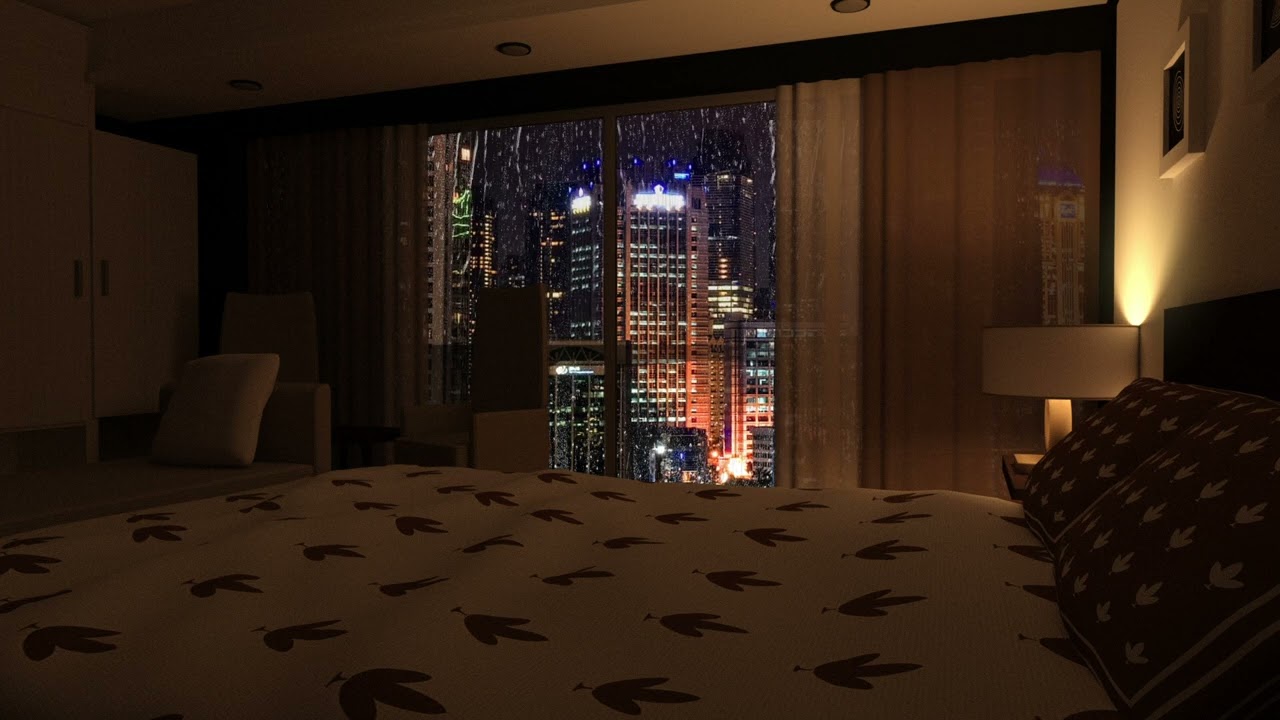 HIGH RISE HOTEL ROOM IN A THUNDERSTORM - AMBIENCE. FALL ASLEEP TO RAIN