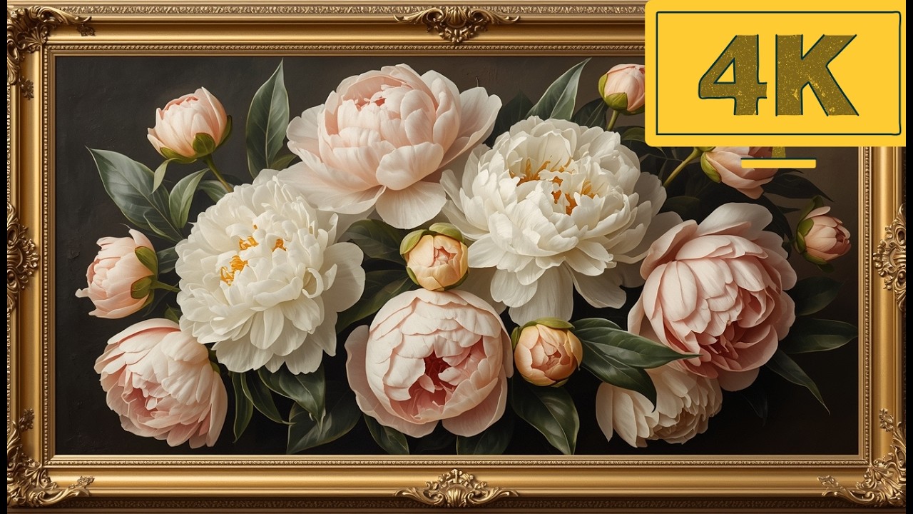 4K TV WALLPAPER Elegant Peony Flowers in Golden Frame | Classic Floral Fine Art