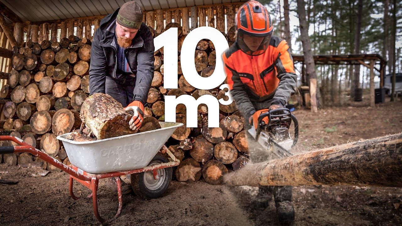 Holzlager für 10 m³ Holz aus Baumstämmen bauen
