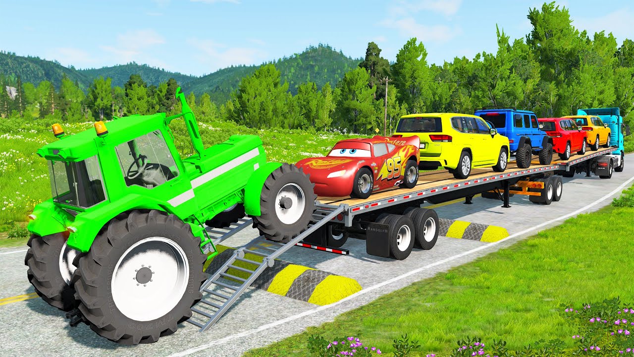 Flatbed Trailer McQueen Transportation with Truck - Speedbumps vs Cars vs Train - BeamNG.Drive #7