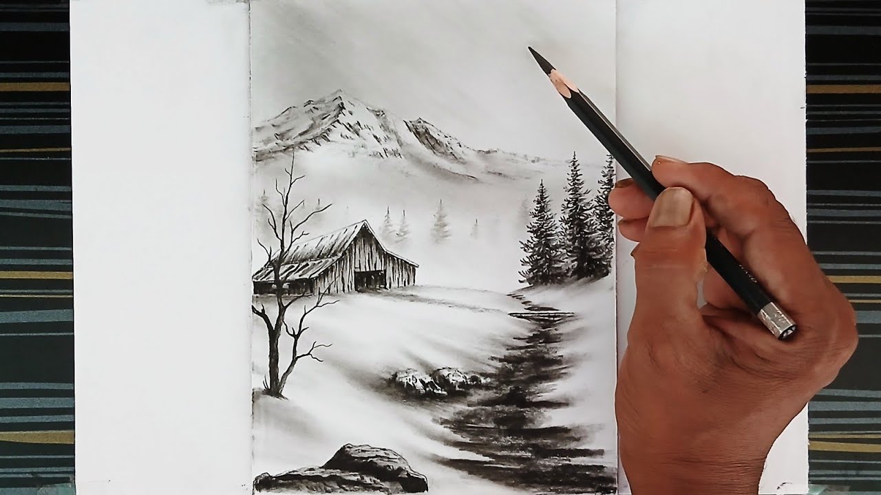 A winter season landscape scenery pencil drawing with an old barn.