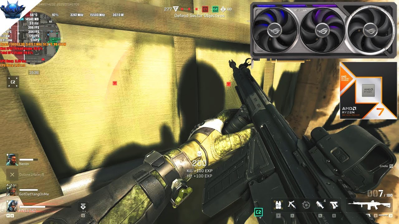 RTX 5080 i 9800X3D w trybie Delta Force przy rozdzielczości 1440p, ustawienia średnie (tryb wojenny)