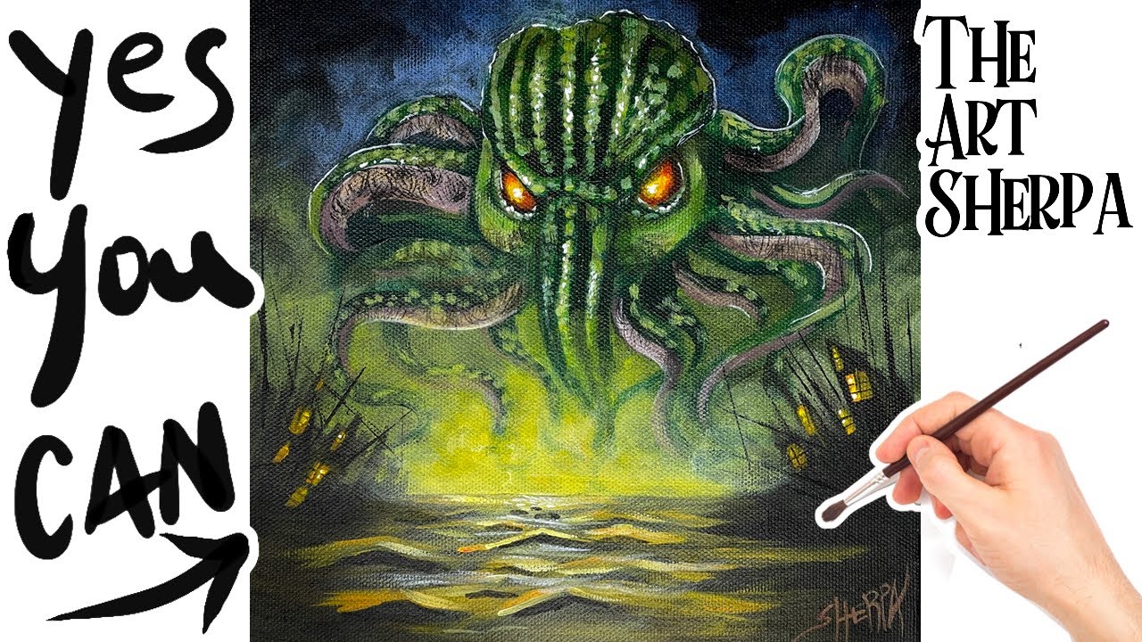 Lovecraft Cthulhu Scary painting 🌟🎨 How to paint acrylics : Paint Night at Home Halloween