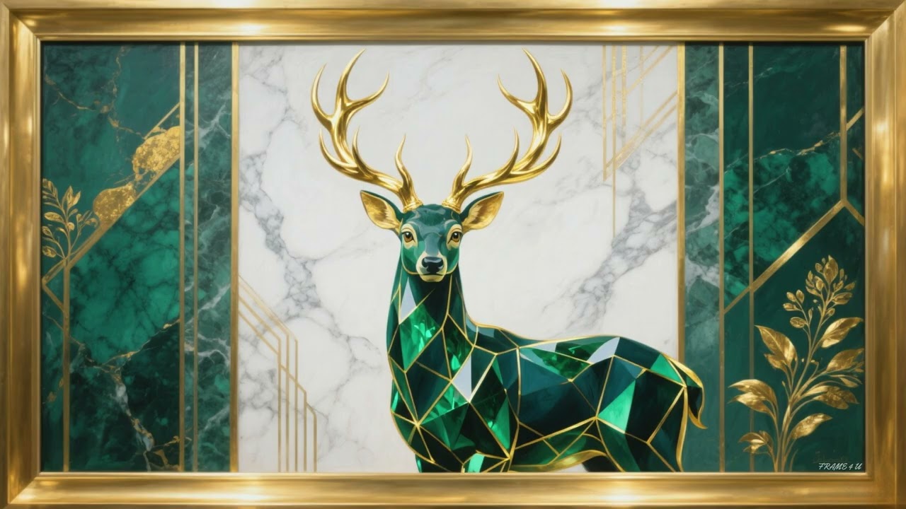 Luxurious 3D Majestic Deer in Marble Design with Golden Frame — 2 Hours | TV Frame Art 4K