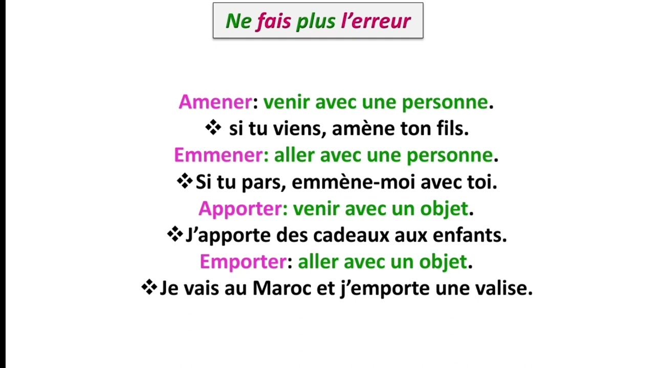Amener, Emmener, Apporter et Emporter.
