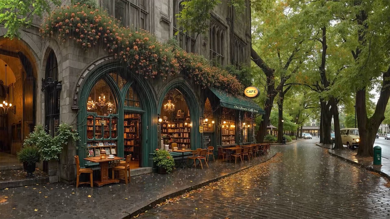 Rainy Day Jazz Playlist 🌧️ Quiet Bookstore Caf&eacute; Street with Rain Sounds for Study, Focus & Calm Mind
